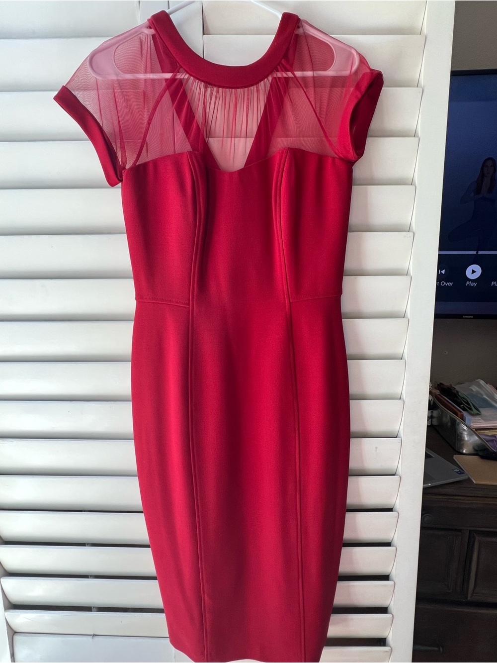 Maggy London Red Midi Sheath Dress with Mesh Yoke